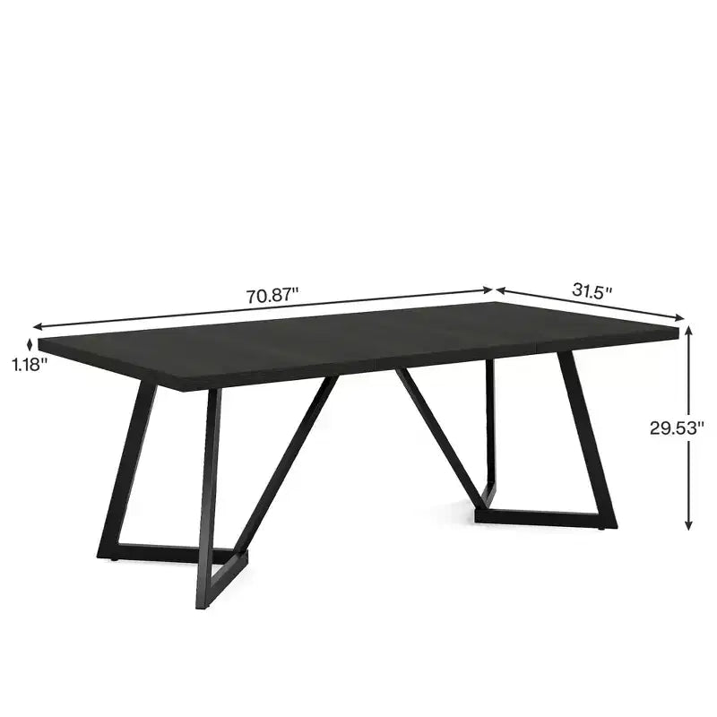 Table de salle à manger moderne de 70,96 pouces, plateau en MDF noir grain de bois marron, pieds en fer forgé.