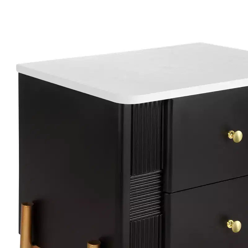 Table de chevet moderne minimaliste avec 2 tiroirs de rangement, poignées et pieds en métal doré, design texturé unique