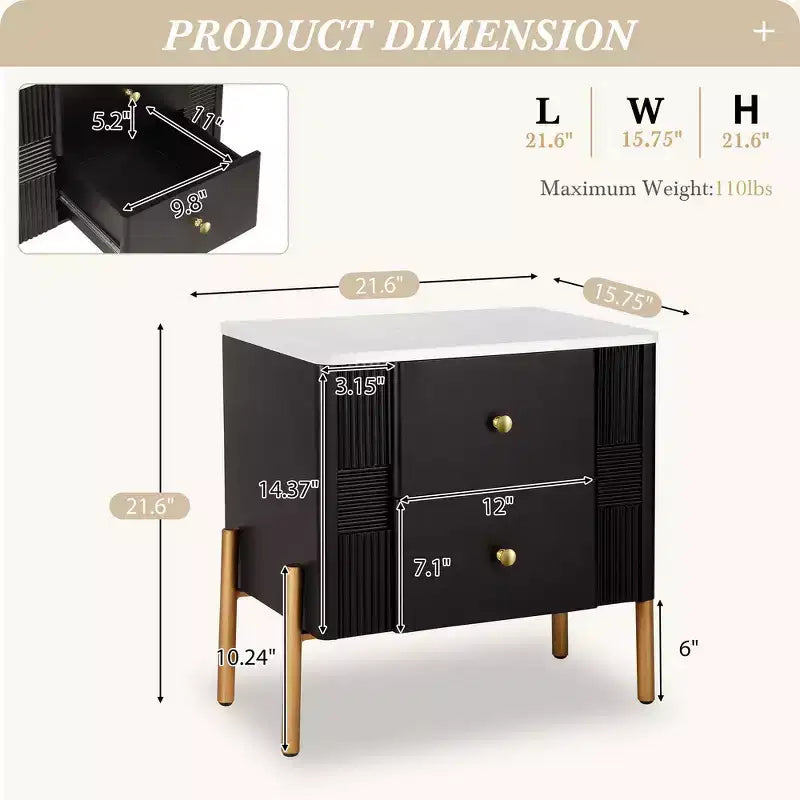 Table de chevet moderne minimaliste avec 2 tiroirs de rangement, poignées et pieds en métal doré, design texturé unique