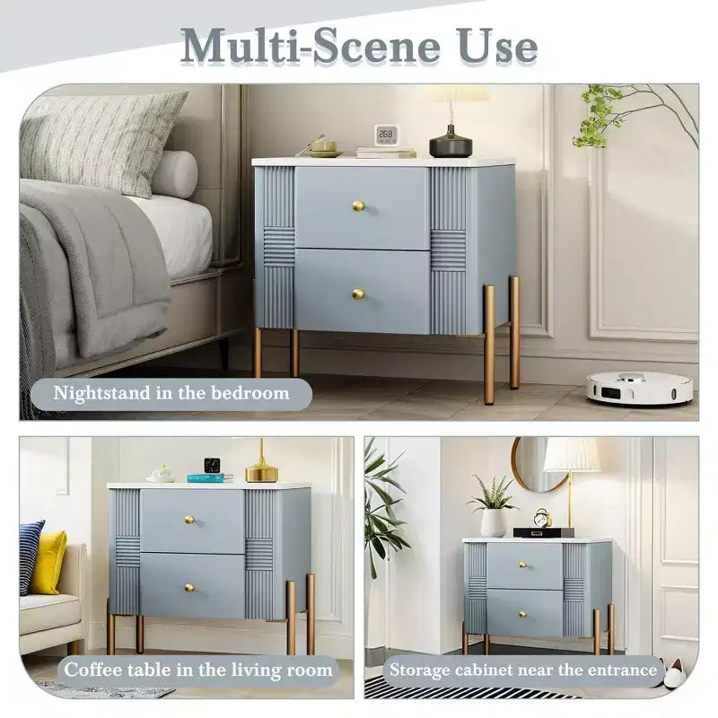 Table de chevet moderne minimaliste avec 2 tiroirs de rangement, poignées et pieds en métal doré, design texturé unique