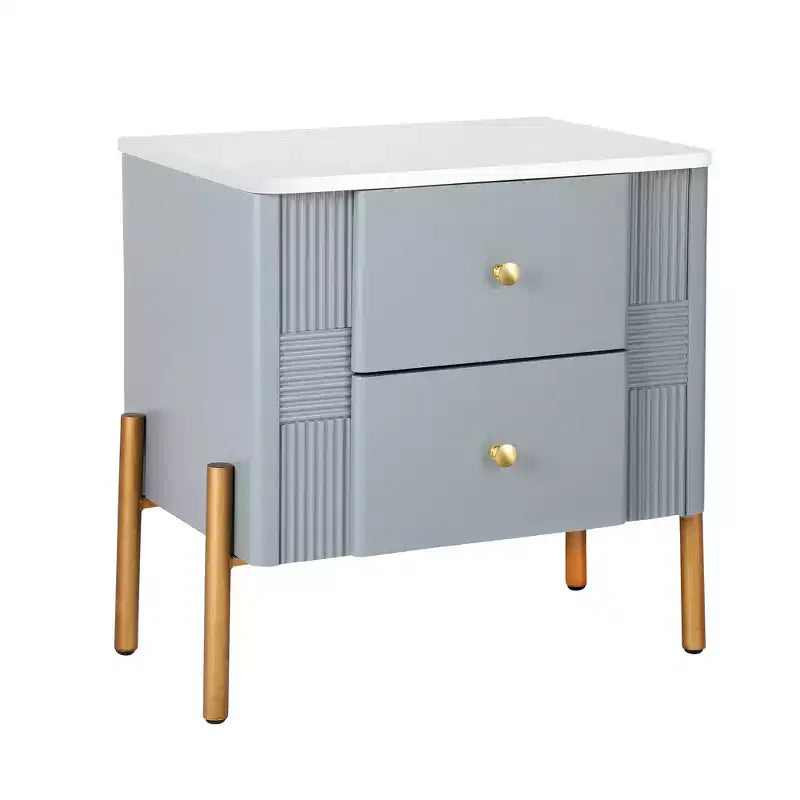 Table de chevet moderne minimaliste avec 2 tiroirs de rangement, poignées et pieds en métal doré, design texturé unique