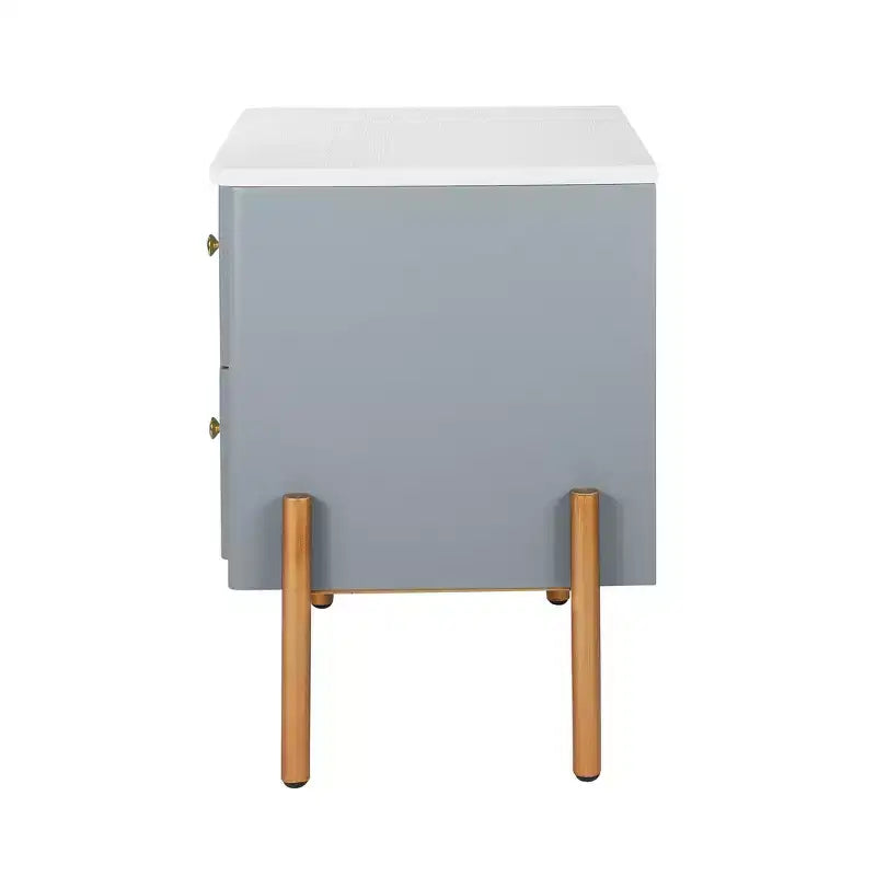 Table de chevet moderne minimaliste avec 2 tiroirs de rangement, poignées et pieds en métal doré, design texturé unique