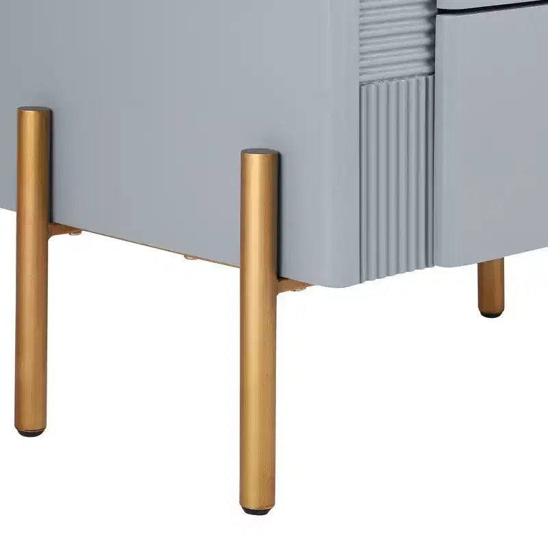 Table de chevet moderne minimaliste avec 2 tiroirs de rangement, poignées et pieds en métal doré, design texturé unique