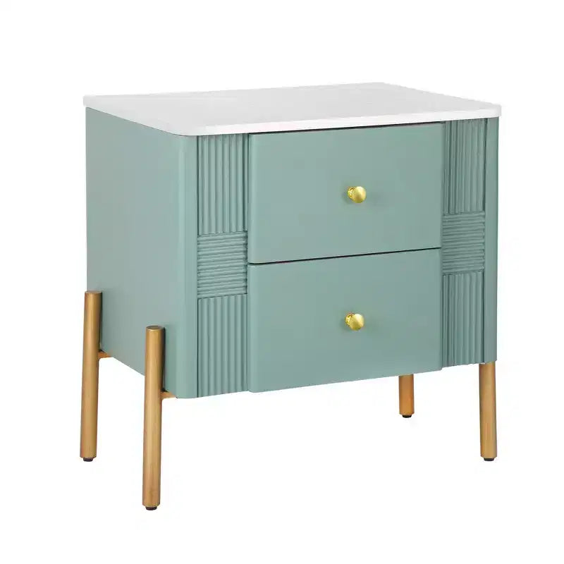 Table de chevet moderne minimaliste avec 2 tiroirs de rangement, poignées et pieds en métal doré, design texturé unique