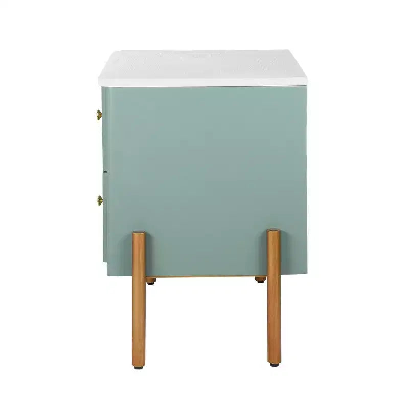 Table de chevet moderne minimaliste avec 2 tiroirs de rangement, poignées et pieds en métal doré, design texturé unique