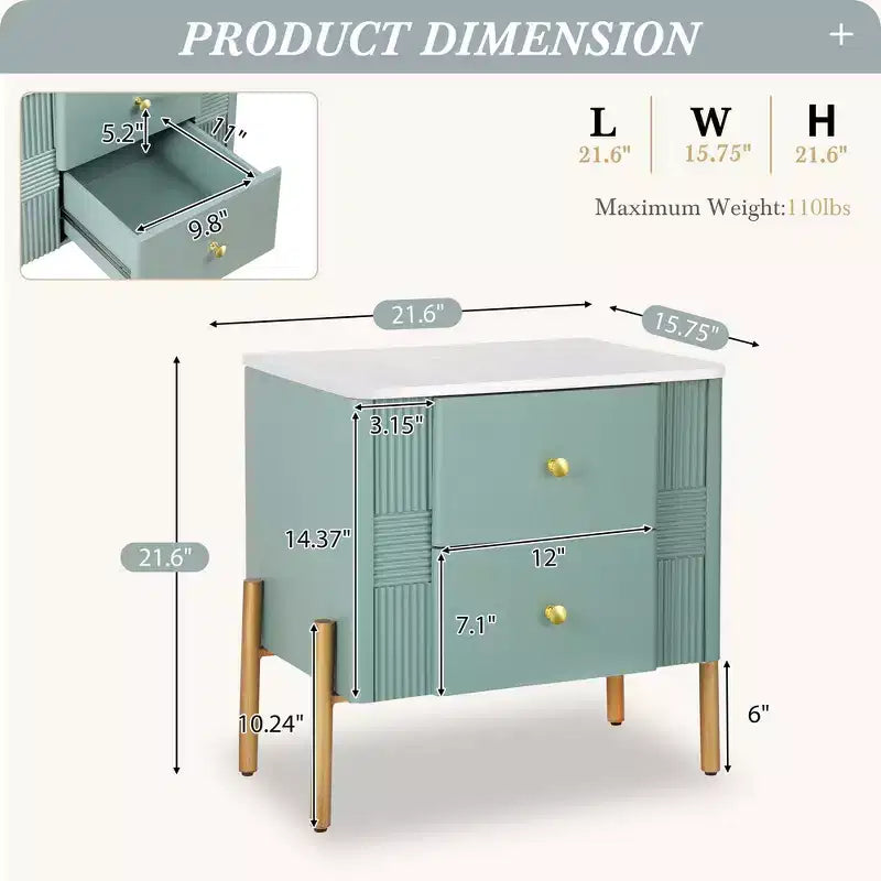 Table de chevet moderne minimaliste avec 2 tiroirs de rangement, poignées et pieds en métal doré, design texturé unique