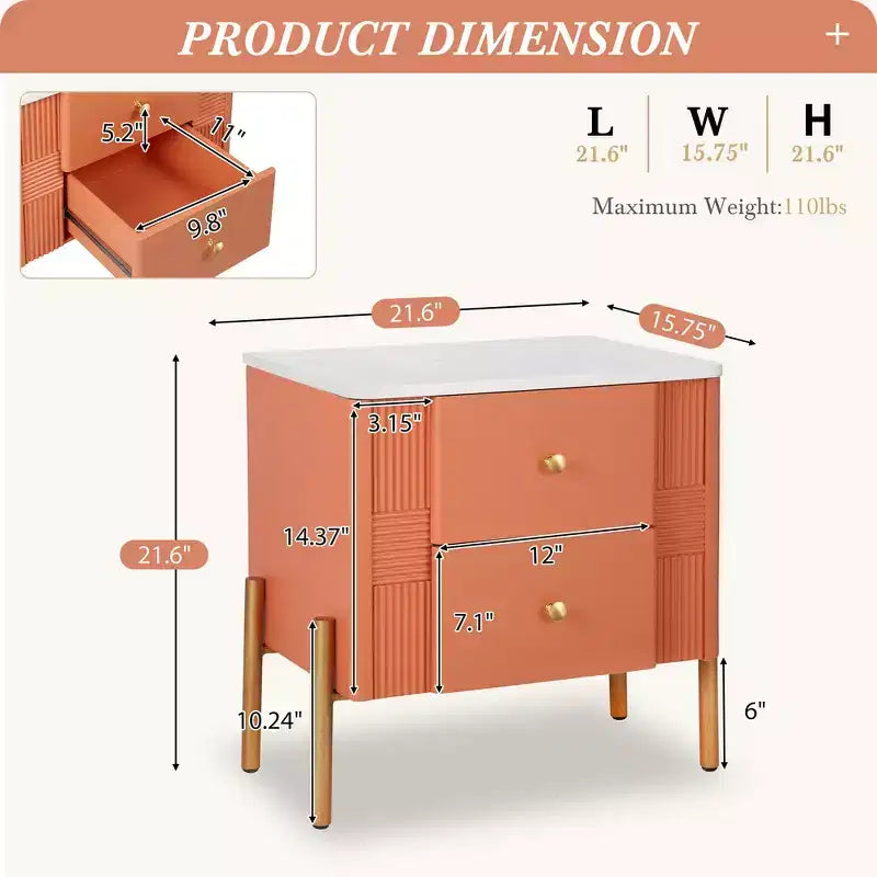 Table de chevet moderne minimaliste avec 2 tiroirs de rangement, poignées et pieds en métal doré, design texturé unique