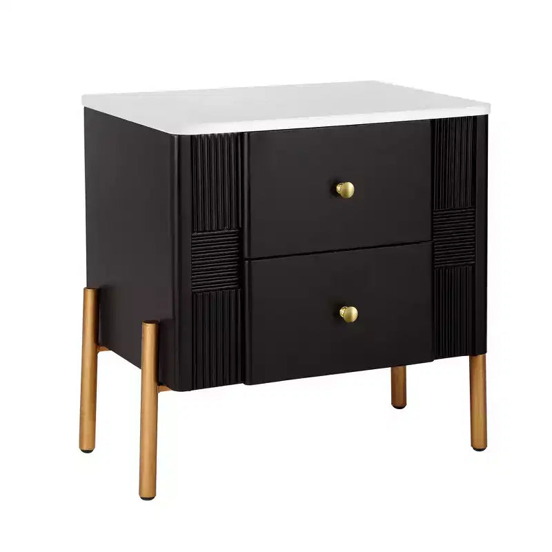 Table de chevet moderne minimaliste avec 2 tiroirs de rangement, poignées et pieds en métal doré, design texturé unique