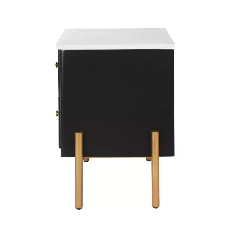 Table de chevet moderne minimaliste avec 2 tiroirs de rangement, poignées et pieds en métal doré, design texturé unique