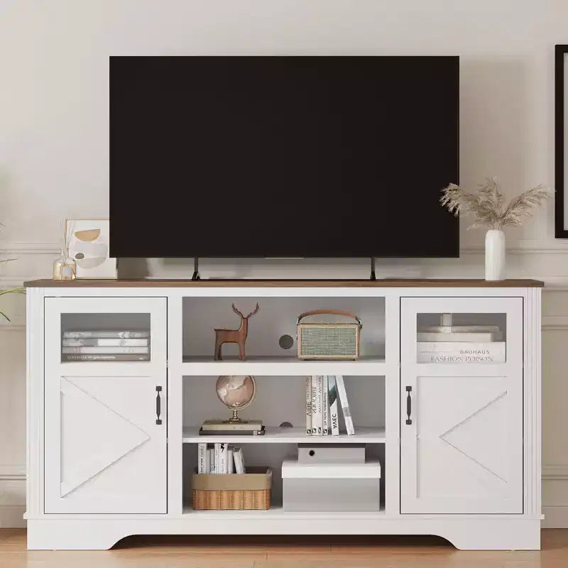 Meuble TV de style ferme pour téléviseur jusqu'à 65 pouces, meuble TV haut de 34,4 pouces avec rangement et éclairage LED