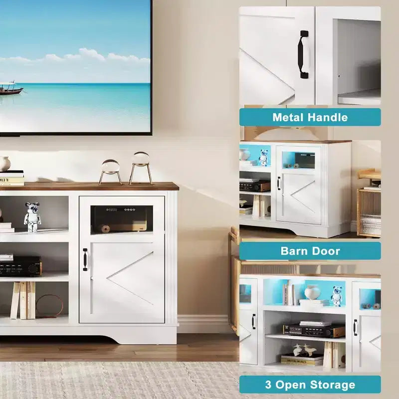 Meuble TV de style ferme pour téléviseur jusqu'à 65 pouces, meuble TV haut de 34,4 pouces avec rangement et éclairage LED