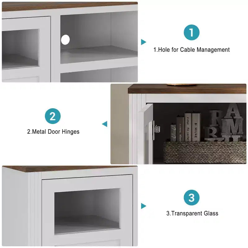 Meuble TV de style ferme pour téléviseur jusqu'à 65 pouces, meuble TV haut de 34,4 pouces avec rangement et éclairage LED