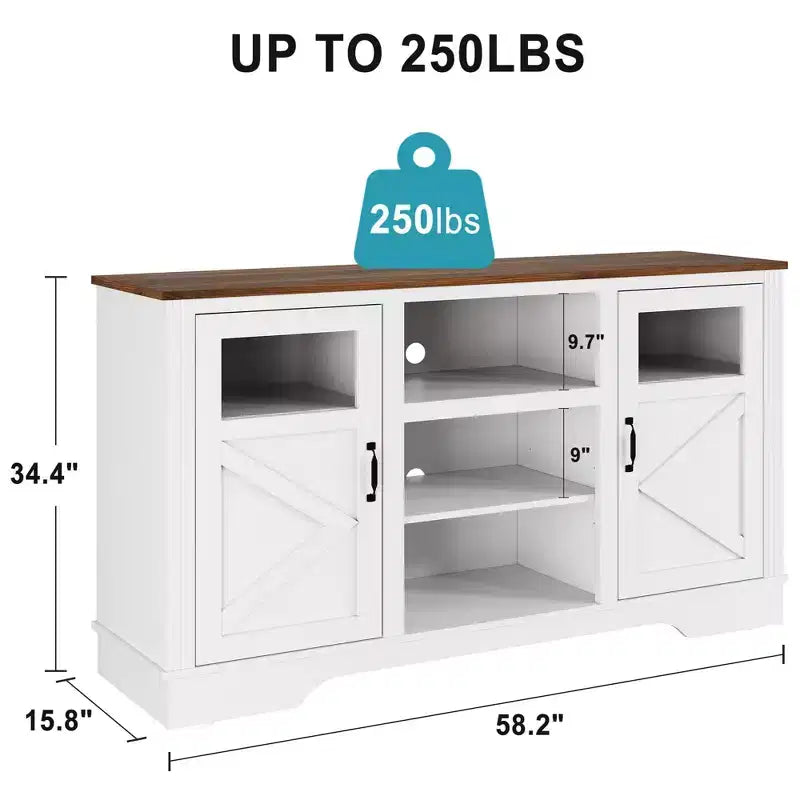 Meuble TV de style ferme pour téléviseur jusqu'à 65 pouces, meuble TV haut de 34,4 pouces avec rangement et éclairage LED