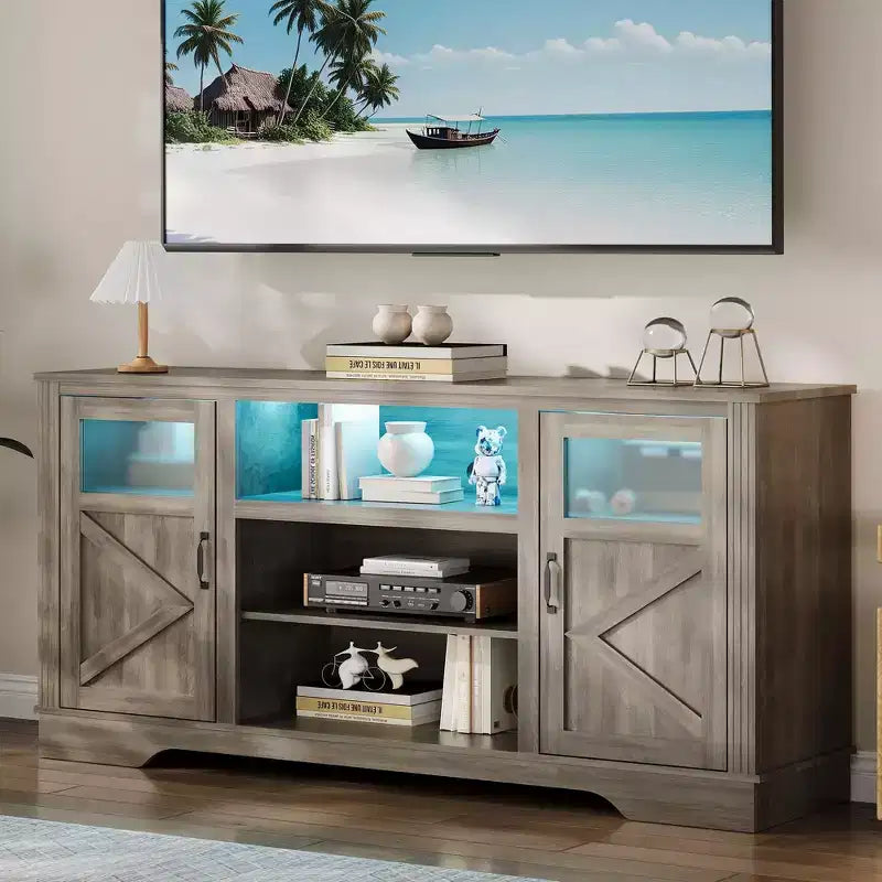 Meuble TV de style ferme pour téléviseur jusqu'à 65 pouces, meuble TV haut de 34,4 pouces avec rangement et éclairage LED