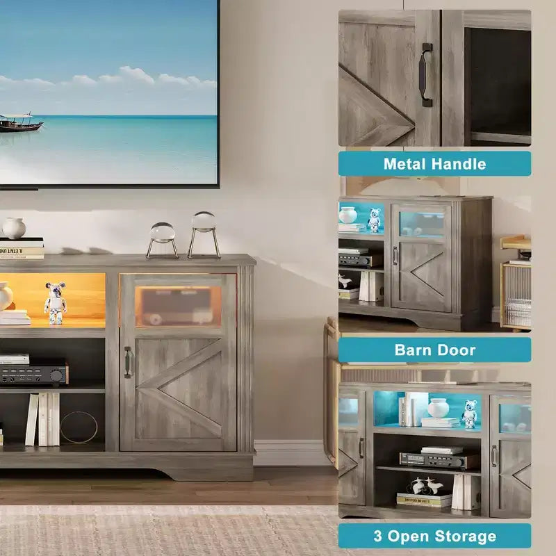 Meuble TV de style ferme pour téléviseur jusqu'à 65 pouces, meuble TV haut de 34,4 pouces avec rangement et éclairage LED