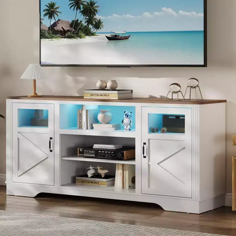 Meuble TV de style ferme pour téléviseur jusqu'à 65 pouces, meuble TV haut de 34,4 pouces avec rangement et éclairage LED