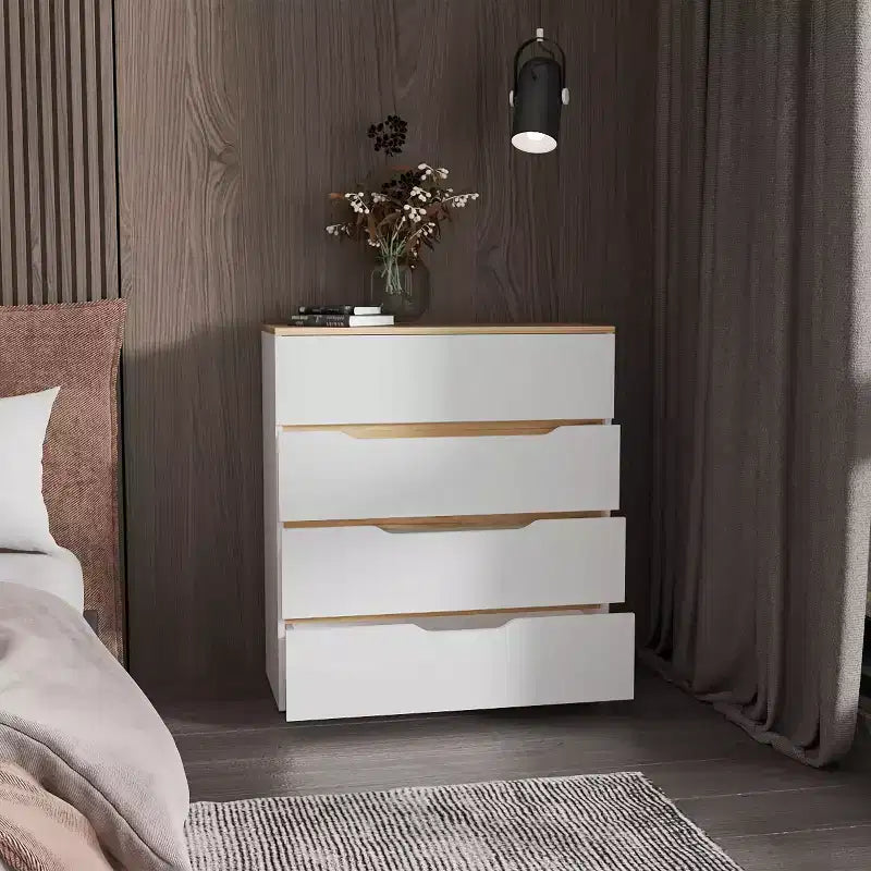 Commode 4 tiroirs Grand espace de rangement avec tiroirs spacieux, Bois manufacturé robuste, Plateau supérieur de qualité pour espaces de vie polyvalents