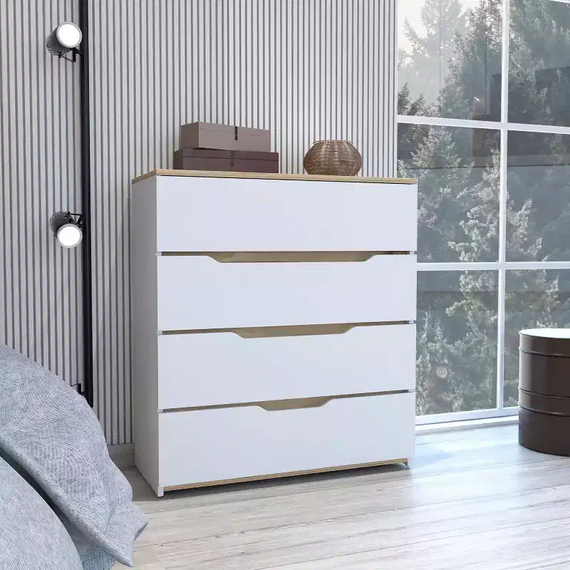 Commode 4 tiroirs Grand espace de rangement avec tiroirs spacieux, Bois manufacturé robuste, Plateau supérieur de qualité pour espaces de vie polyvalents