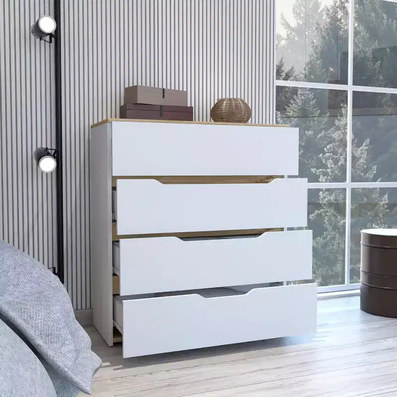 Commode 4 tiroirs Grand espace de rangement avec tiroirs spacieux, Bois manufacturé robuste, Plateau supérieur de qualité pour espaces de vie polyvalents