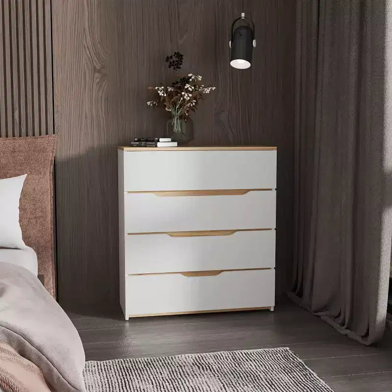 Commode 4 tiroirs Grand espace de rangement avec tiroirs spacieux, Bois manufacturé robuste, Plateau supérieur de qualité pour espaces de vie polyvalents