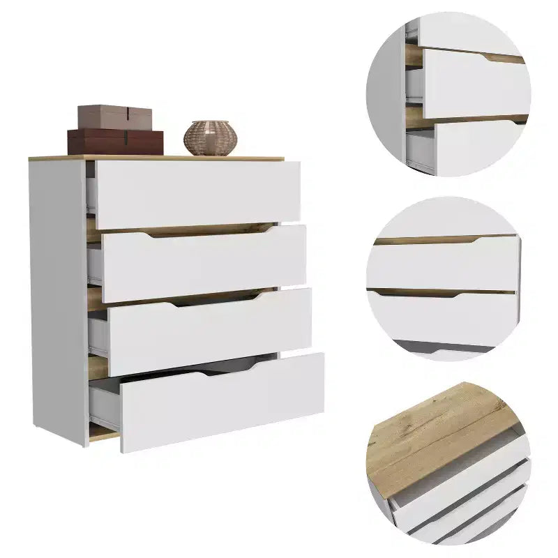 Commode 4 tiroirs Grand espace de rangement avec tiroirs spacieux, Bois manufacturé robuste, Plateau supérieur de qualité pour espaces de vie polyvalents