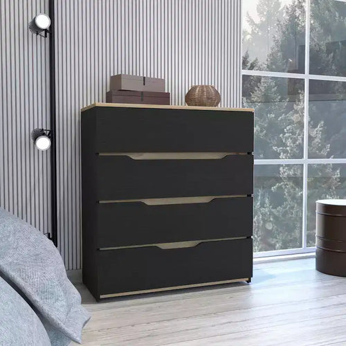 Commode 4 tiroirs Grand espace de rangement avec tiroirs spacieux, Bois manufacturé robuste, Plateau supérieur de qualité pour espaces de vie polyvalents