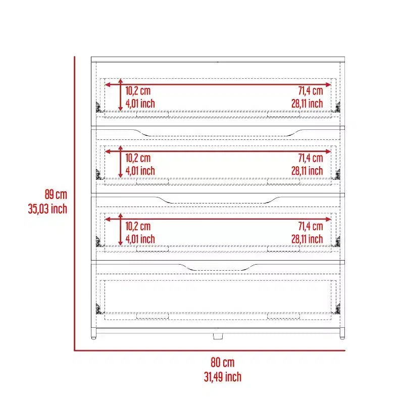 Commode 4 tiroirs Grand espace de rangement avec tiroirs spacieux, Bois manufacturé robuste, Plateau supérieur de qualité pour espaces de vie polyvalents