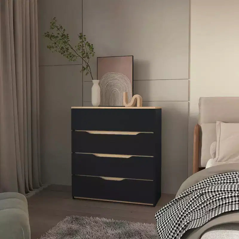 Commode 4 tiroirs Grand espace de rangement avec tiroirs spacieux, Bois manufacturé robuste, Plateau supérieur de qualité pour espaces de vie polyvalents
