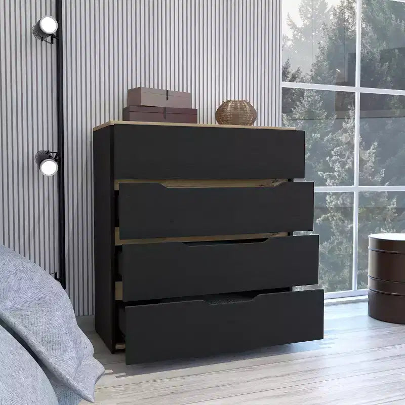 Commode 4 tiroirs Grand espace de rangement avec tiroirs spacieux, Bois manufacturé robuste, Plateau supérieur de qualité pour espaces de vie polyvalents