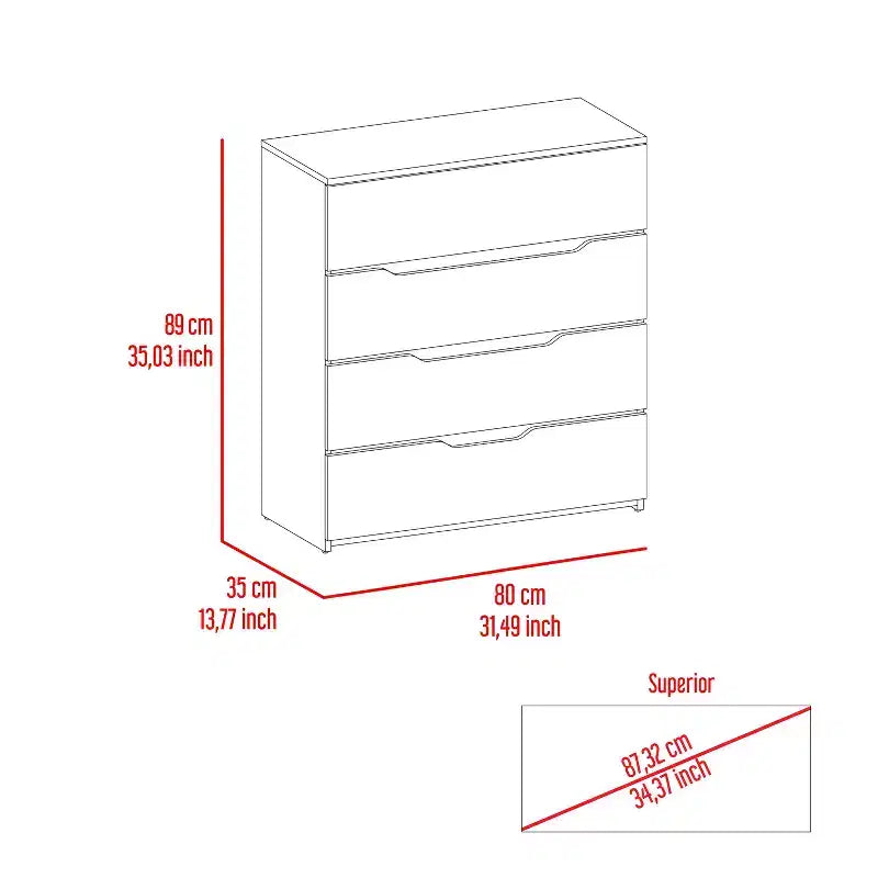 Commode 4 tiroirs Grand espace de rangement avec tiroirs spacieux, Bois manufacturé robuste, Plateau supérieur de qualité pour espaces de vie polyvalents