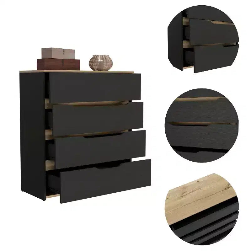 Commode 4 tiroirs Grand espace de rangement avec tiroirs spacieux, Bois manufacturé robuste, Plateau supérieur de qualité pour espaces de vie polyvalents