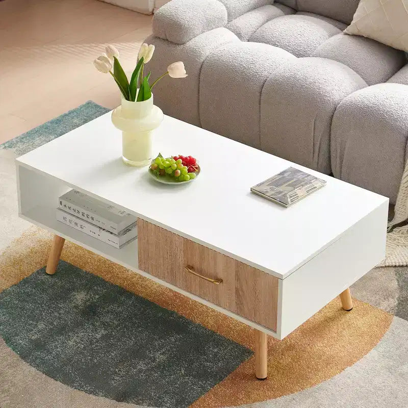 Table basse rectangulaire avec tiroir coulissant de rangement Blanc