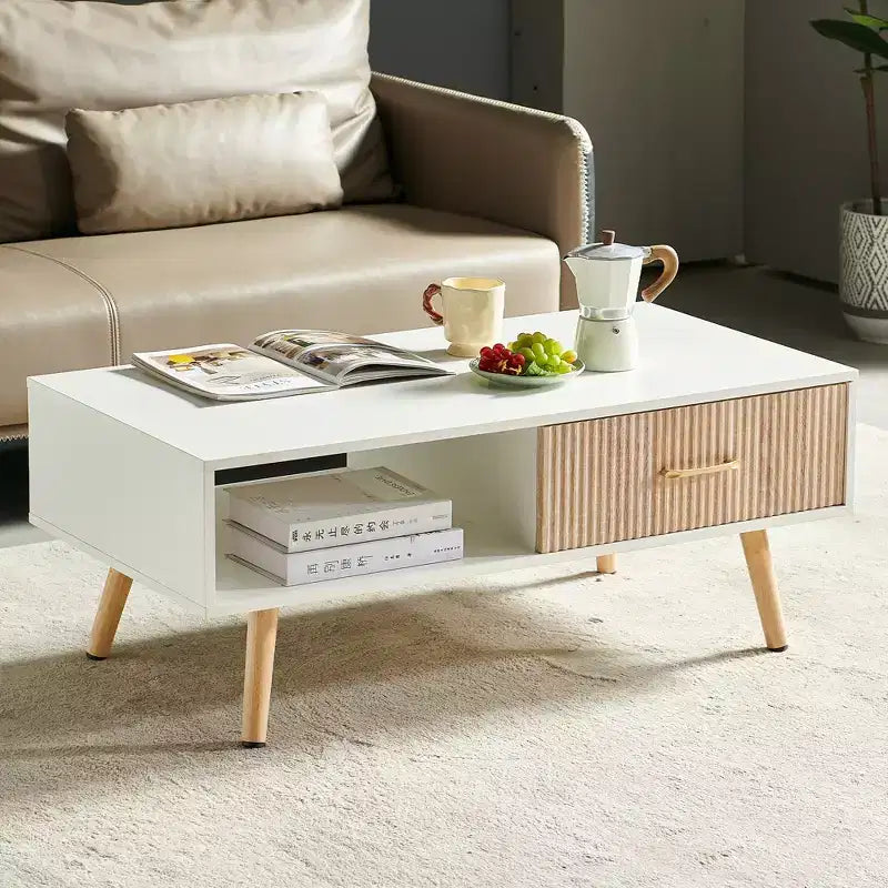 Table basse rectangulaire avec tiroir coulissant de rangement Blanc