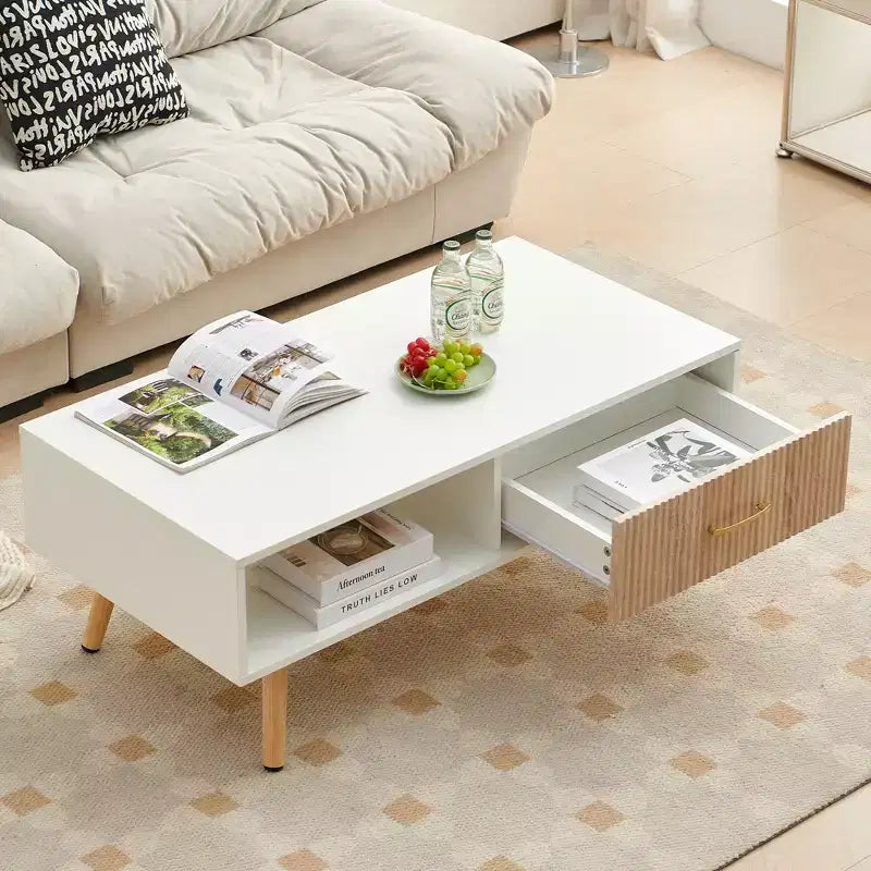 Table basse rectangulaire avec tiroir coulissant de rangement Blanc