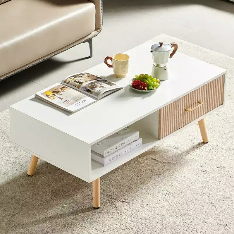 Table basse rectangulaire avec tiroir coulissant de rangement Blanc