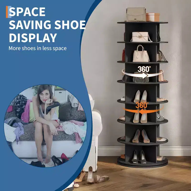 Tour à chaussures rotative à 7 niveaux, Organisateur de chaussures tournant autoportant, Présentoir à chaussures vertical rotatif à 360°, Étagère de rangement ronde pour chaussures