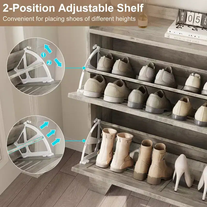 Meuble à chaussures avec 2 tiroirs basculants, meuble de rangement à chaussures mince autoportant et caché avec crochets pour le foyer, le couloir, le garage