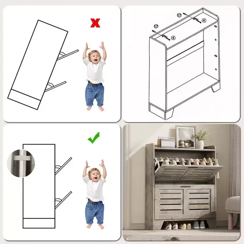 Meuble à chaussures avec 2 tiroirs basculants, meuble de rangement à chaussures mince autoportant et caché avec crochets pour le foyer, le couloir, le garage
