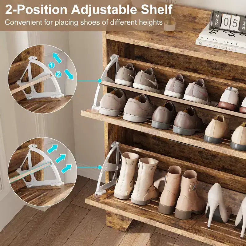Meuble à chaussures avec 2 tiroirs basculants, meuble de rangement à chaussures mince autoportant et caché avec crochets pour le foyer, le couloir, le garage