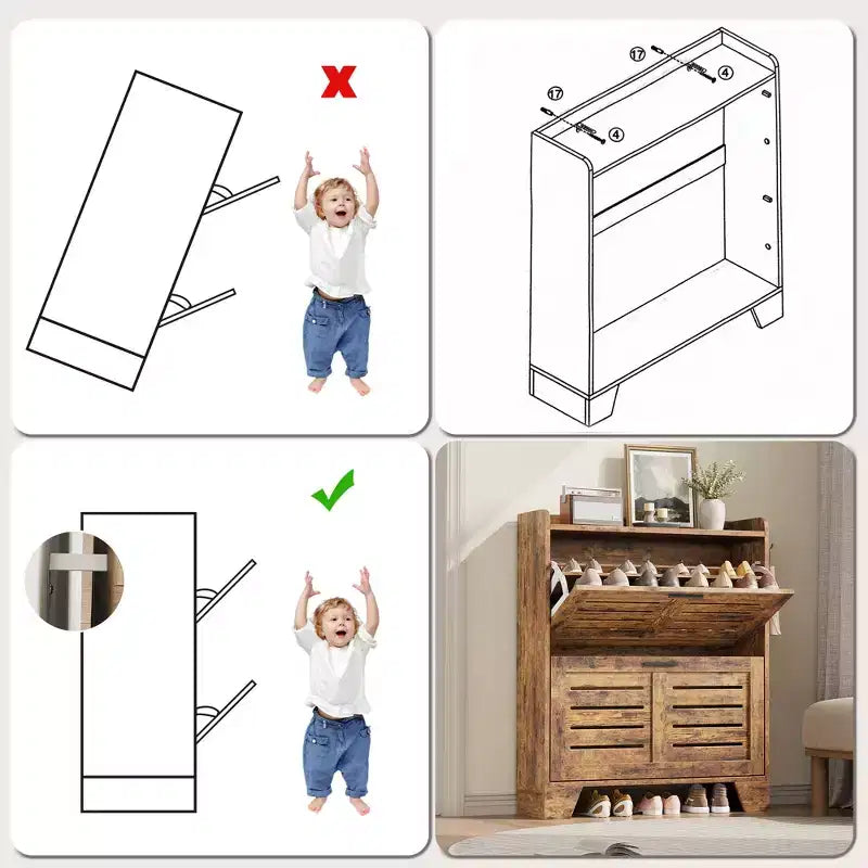 Meuble à chaussures avec 2 tiroirs basculants, meuble de rangement à chaussures mince autoportant et caché avec crochets pour le foyer, le couloir, le garage
